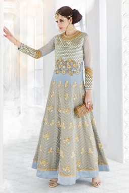 Grey Faux Georgette Wedding Floor Length Anarkali Suit